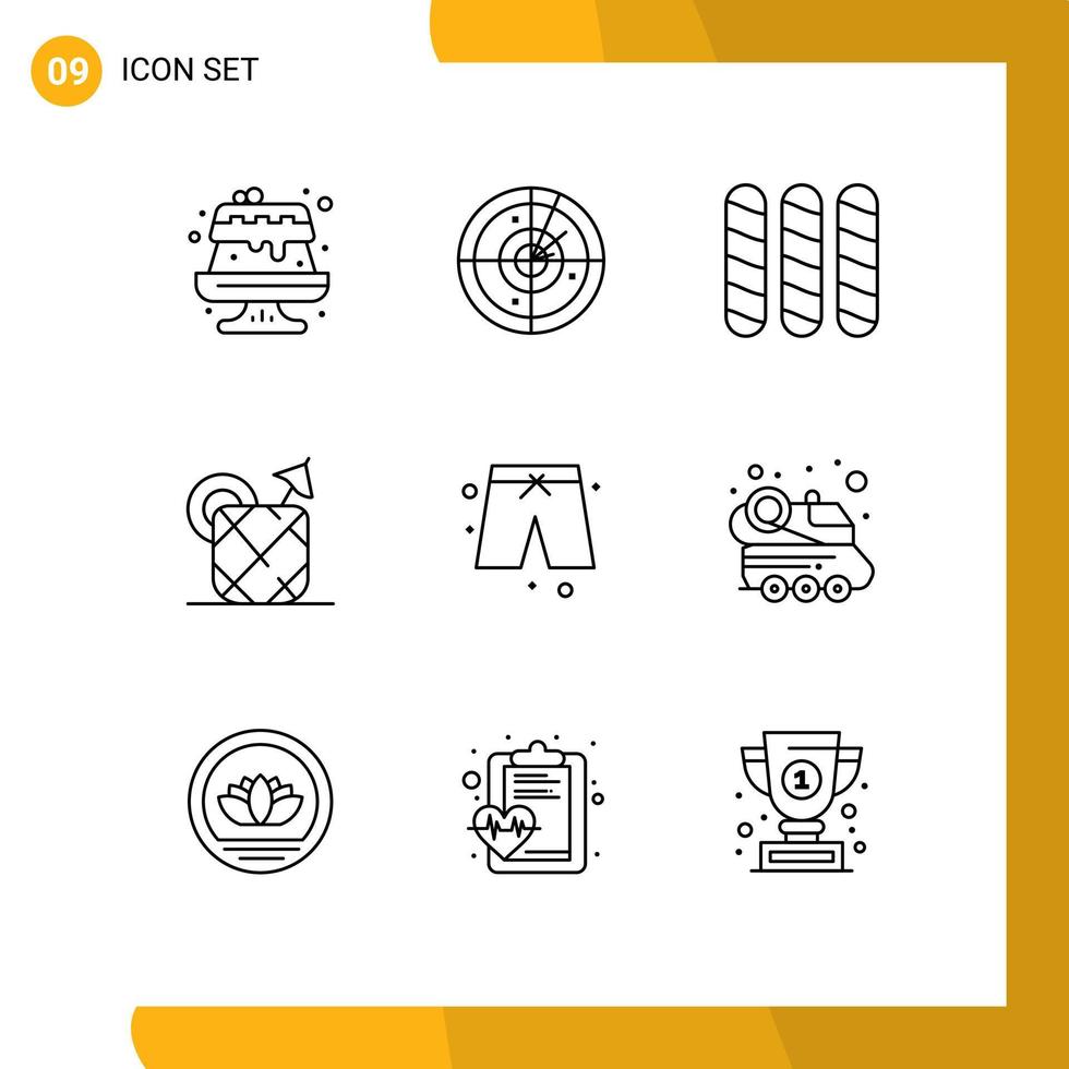 Pack of 9 creative Outlines of automobile pants french beach food Editable Vector Design Elements