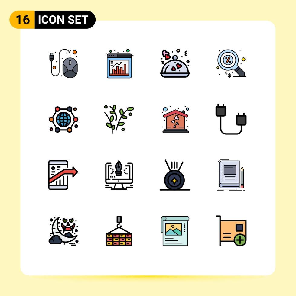 Pack of 16 Modern Flat Color Filled Lines Signs and Symbols for Web Print Media such as connection money food marketing duty Editable Creative Vector Design Elements
