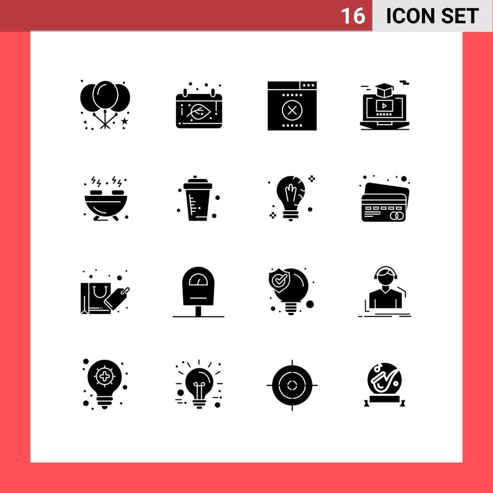 Group of 16 Modern Solid Glyphs Set for hobbies barbecue seo hat video Editable Vector Design Elements