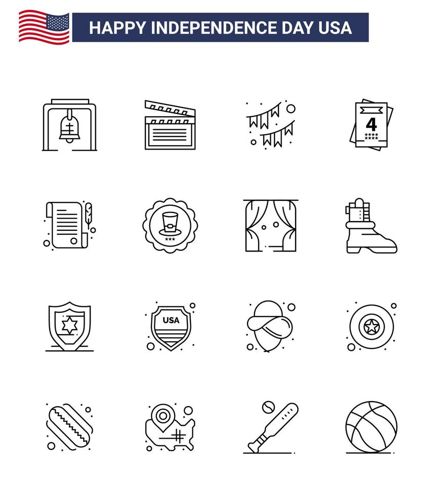 paquete de línea de 16 símbolos del día de la independencia de estados unidos de recibo boda guirnalda de amor americano elementos de diseño vectorial editables del día de estados unidos vector