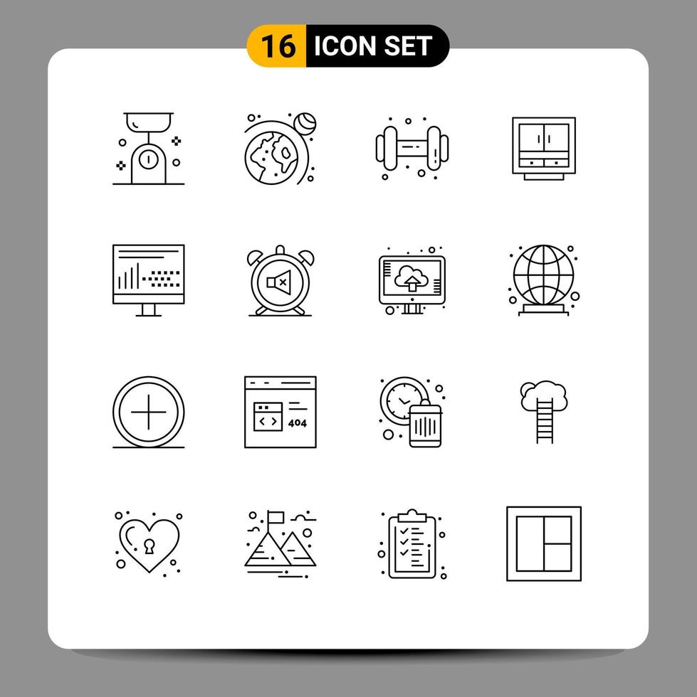 Universal Icon Symbols Group of 16 Modern Outlines of storage furniture gym files business Editable Vector Design Elements