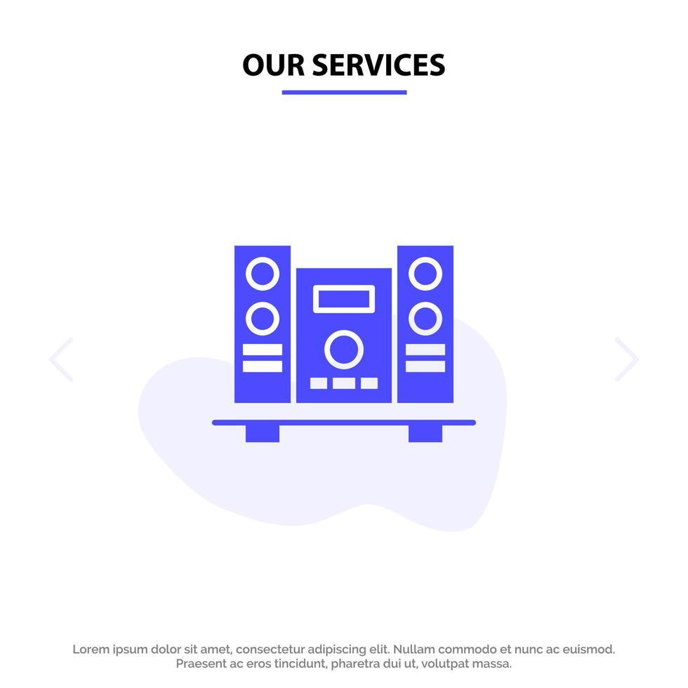 nuestros servicios woofer altavoz música icono de glifo sólido plantilla de tarjeta web vector