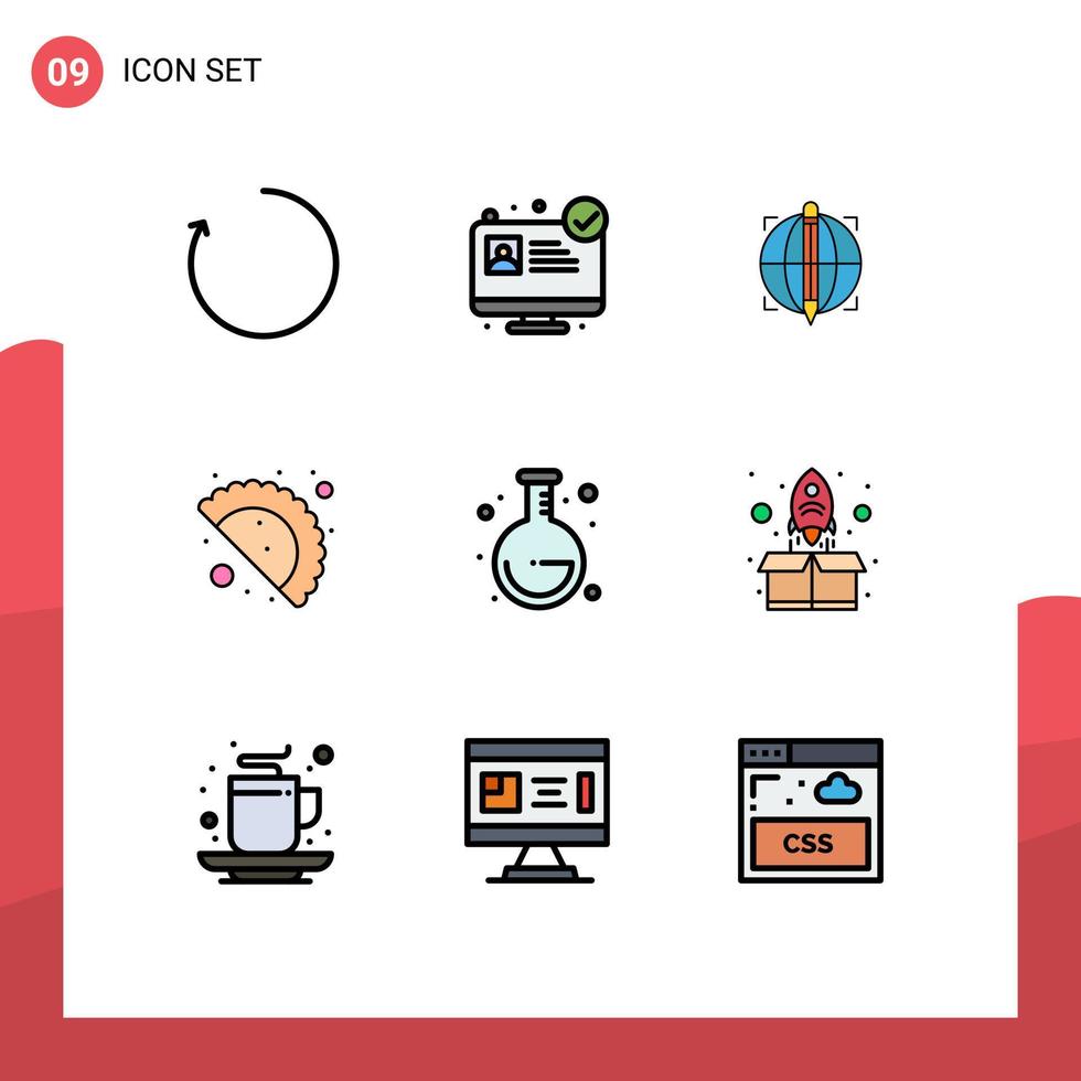Pack of 9 Modern Filledline Flat Colors Signs and Symbols for Web Print Media such as start back to school globe lab celebration day Editable Vector Design Elements