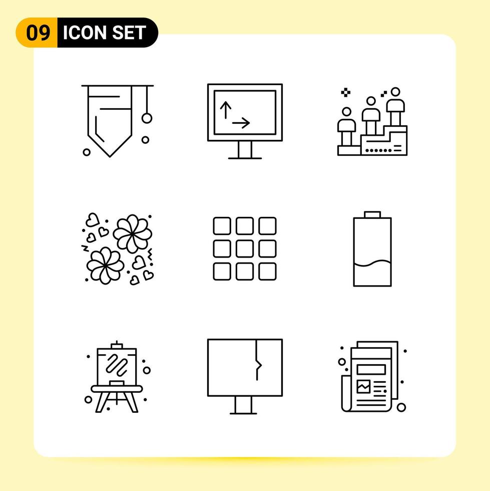 9 iconos creativos para el diseño moderno de sitios web y aplicaciones móviles receptivas 9 símbolos de contorno signos sobre fondo blanco paquete de 9 iconos vector