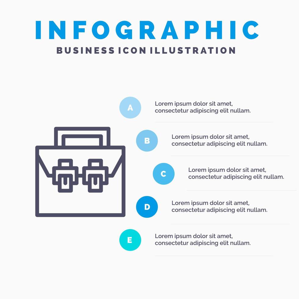 icono de línea de kit de herramientas de material de construcción de caja de bolsa con fondo de infografía de presentación de 5 pasos vector