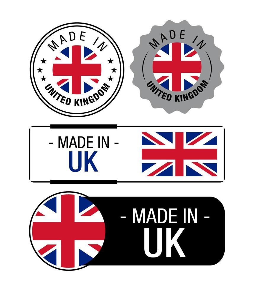 Set of Made in United Kingdom labels, logo, United Kingdom  flag, France Product Emblem vector