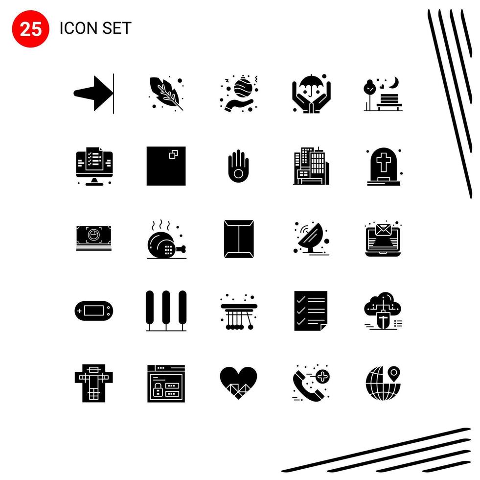 Set of 25 Vector Solid Glyphs on Grid for park romance holidays moon safe Editable Vector Design Elements