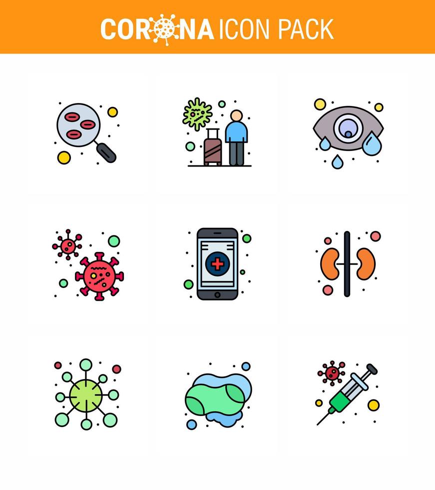 conjunto de iconos covid19 para el paquete de color plano infográfico de 9 líneas rellenas, como el virus del viaje del coronavirus, la infección ocular, el coronavirus viral 2019nov, los elementos de diseño del vector de la enfermedad