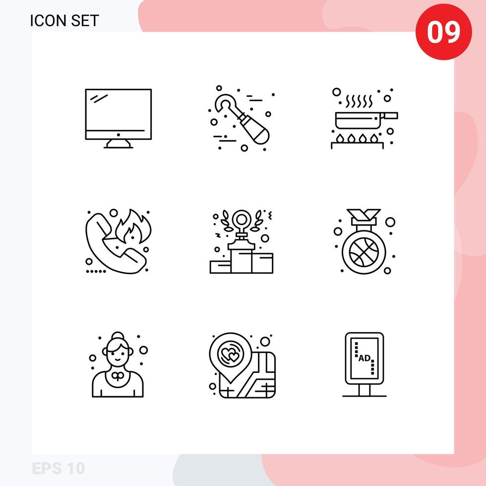 Stock Vector Icon Pack of 9 Line Signs and Symbols for hotline fire tools emergency kitchen Editable Vector Design Elements