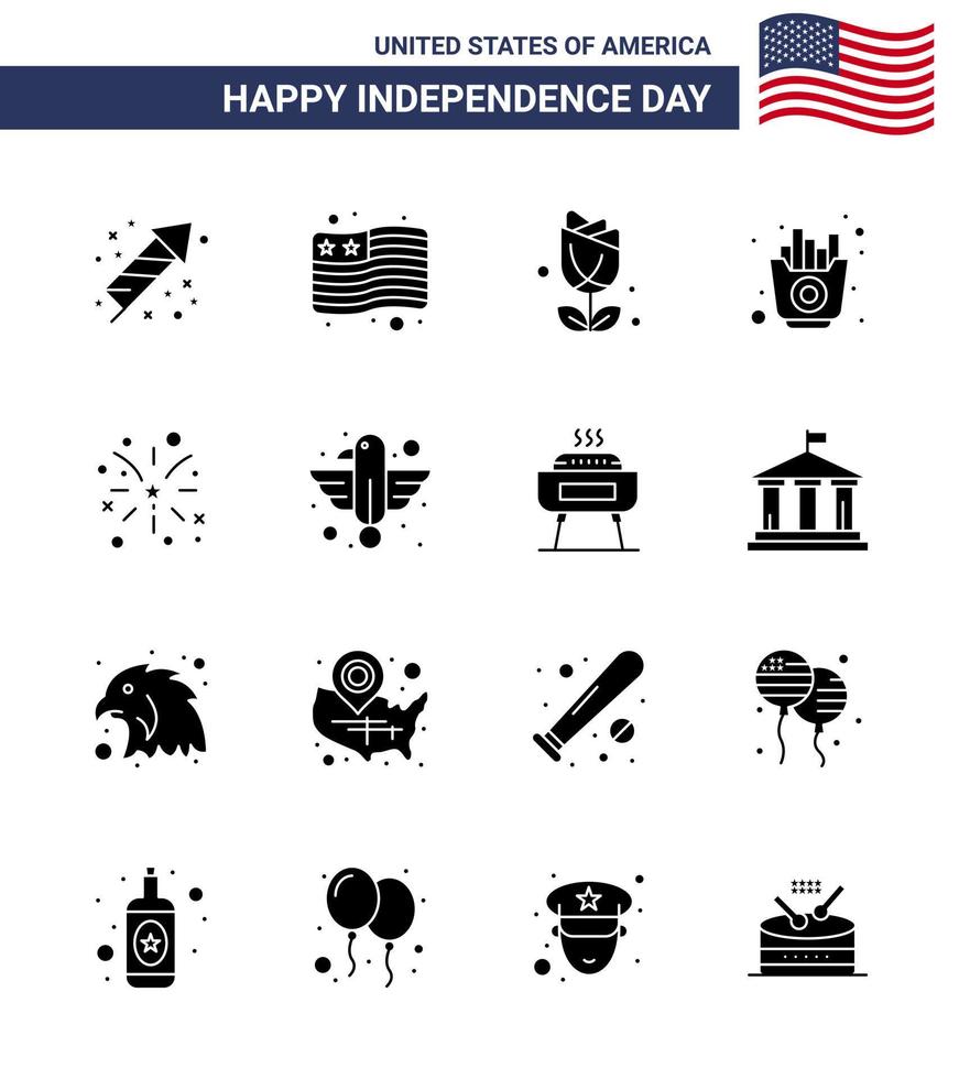 Big Pack of 16 USA Happy Independence Day USA Vector Solid Glyphs and Editable Symbols of american firework imerican chips food Editable USA Day Vector Design Elements