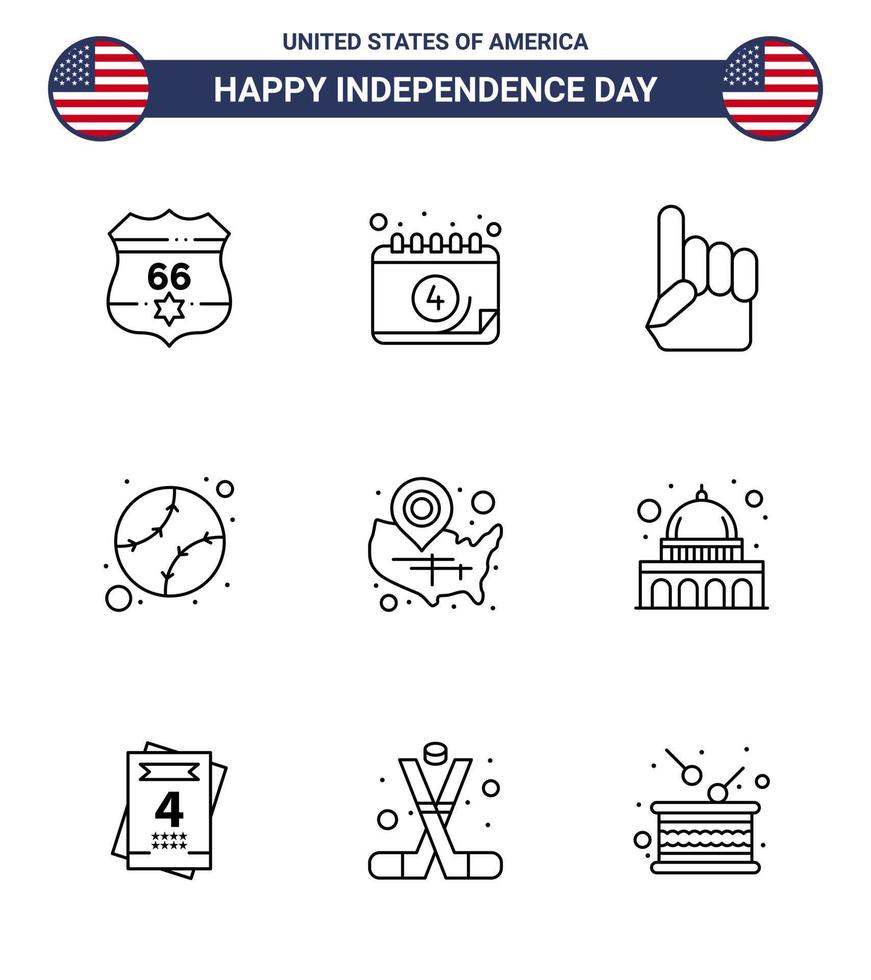 Happy Independence Day 4th July Set of 9 Lines American Pictograph of states united foam hand states american Editable USA Day Vector Design Elements