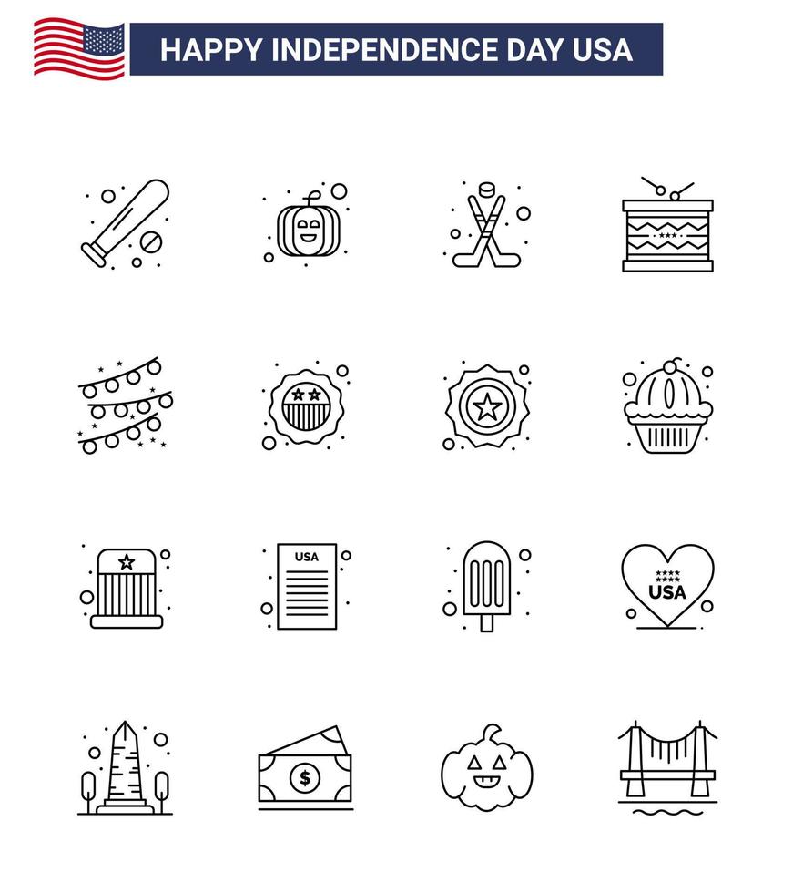 Stock Vector Icon Pack of American Day 16 Line Signs and Symbols for buntings parade american irish drum Editable USA Day Vector Design Elements