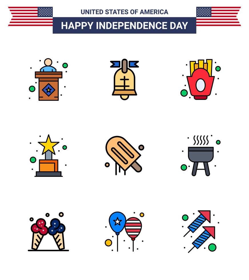 Happy Independence Day Pack of 9 Flat Filled Lines Signs and Symbols for american icecream chips trophy achievement Editable USA Day Vector Design Elements