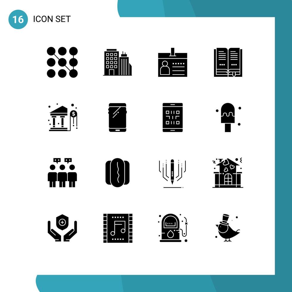 Modern Set of 16 Solid Glyphs and symbols such as investment bank card open book Editable Vector Design Elements