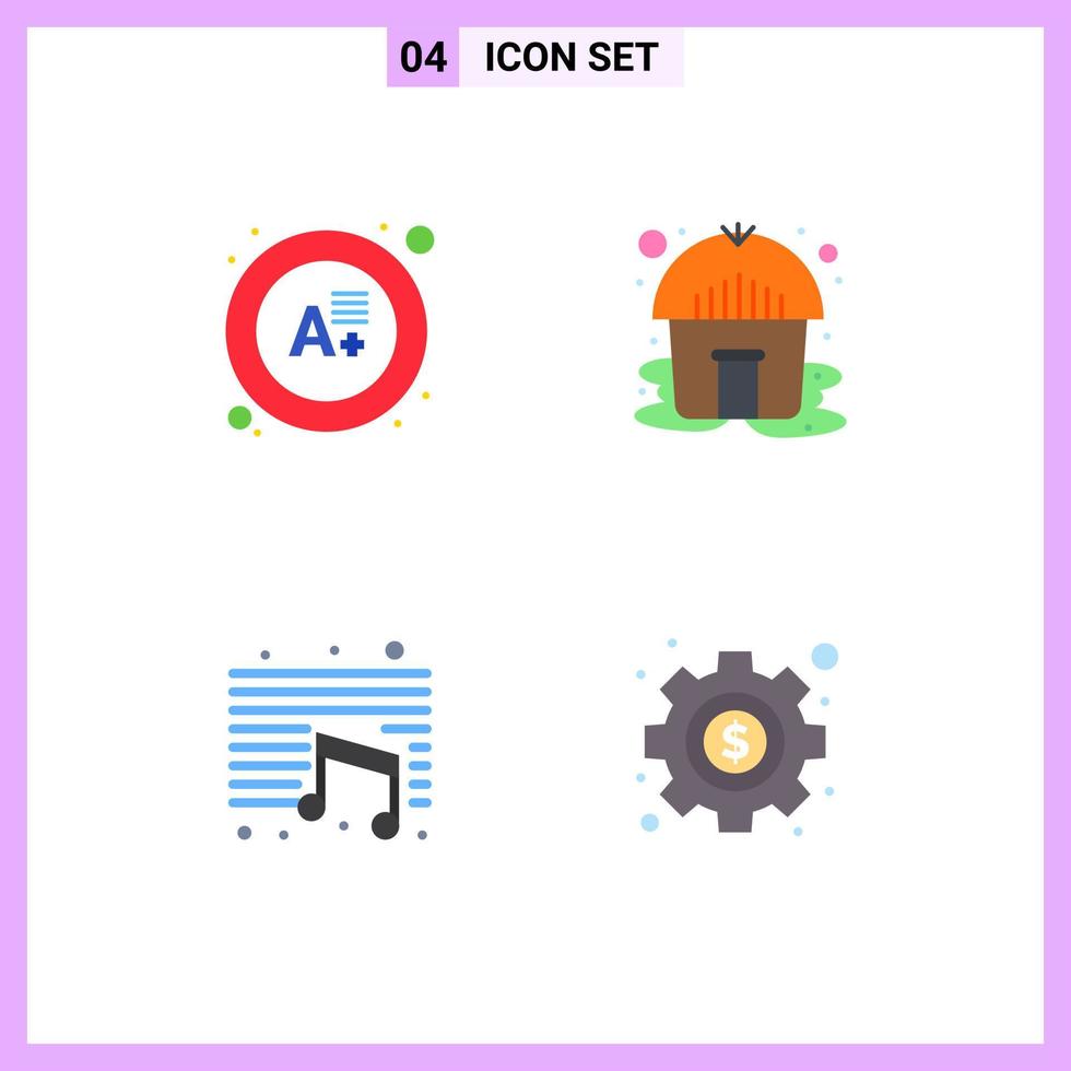 4 User Interface Flat Icon Pack of modern Signs and Symbols of exam school hut music money Editable Vector Design Elements