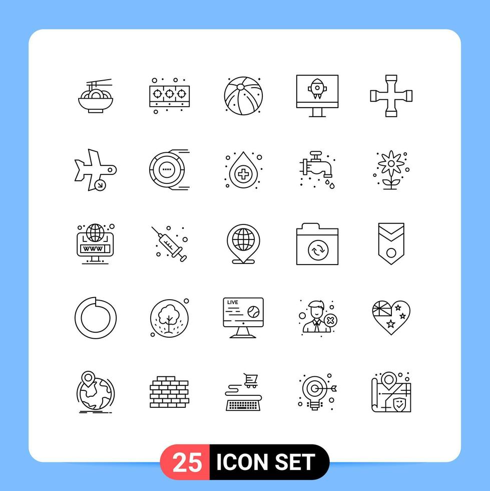 Mobile Interface Line Set of 25 Pictograms of transportation cross wrench ball construction and tools rocket Editable Vector Design Elements