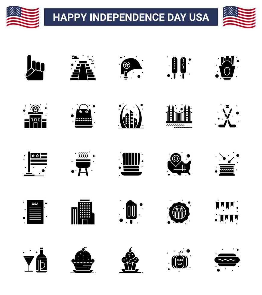 feliz día de la independencia 4 de julio conjunto de 25 pictogramas americanos de glifo sólido de papas fritas cabeza comida perro de maíz elementos de diseño de vector de día de estados unidos editables