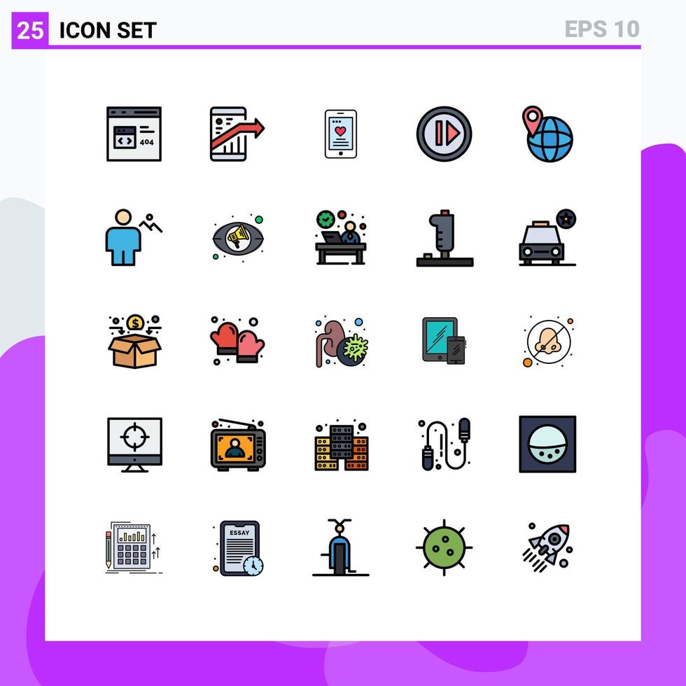 conjunto de pictogramas de 25 colores planos de línea rellena simple de elementos de diseño de vector editables de teléfono de audio seo hacia adelante