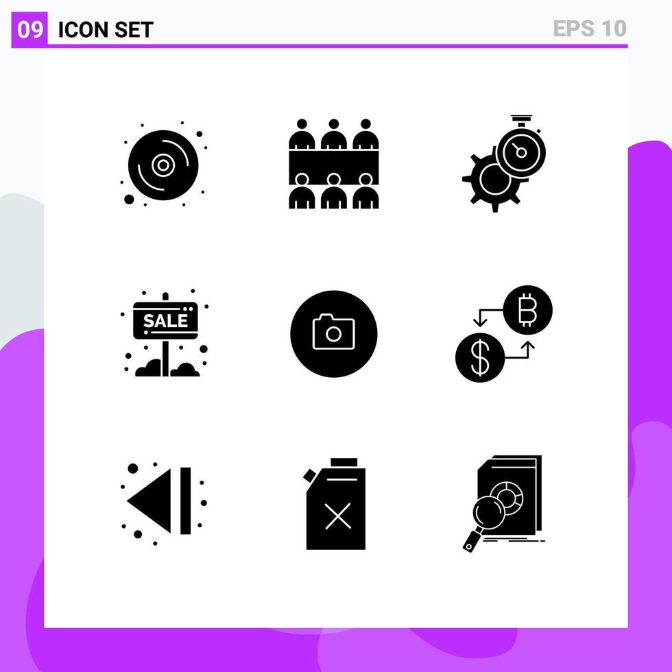 Mobile Interface Solid Glyph Set of 9 Pictograms of camera sale board time sale banner Editable Vector Design Elements