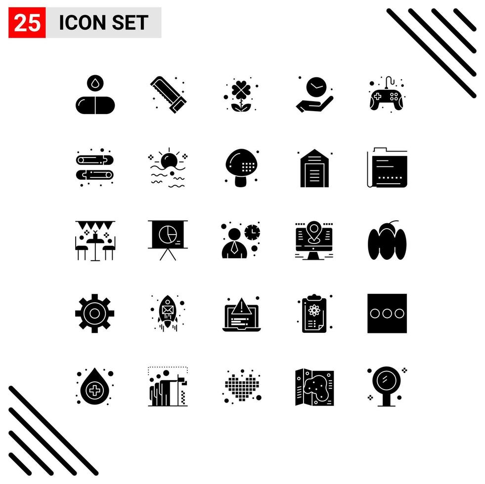 25 Universal Solid Glyph Signs Symbols of game control pad clover time hand Editable Vector Design Elements