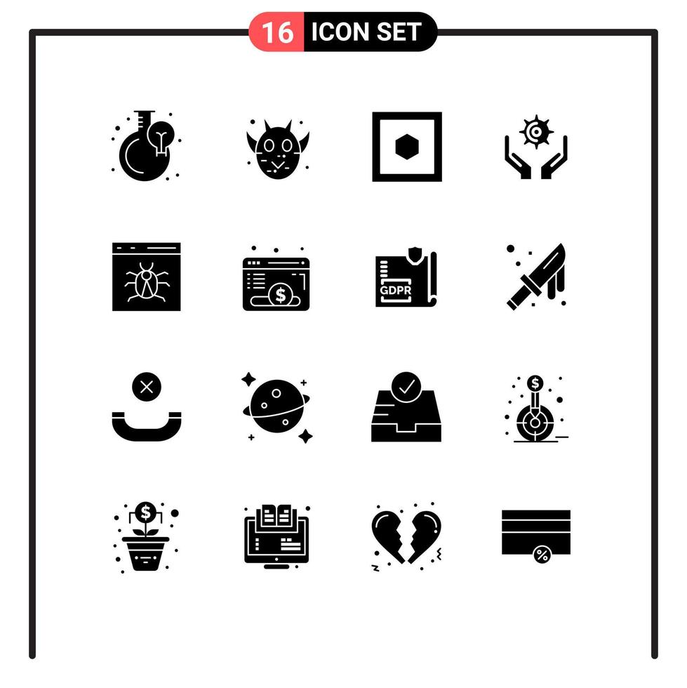 Modern Set of 16 Solid Glyphs Pictograph of bug app hexagon hold cog Editable Vector Design Elements