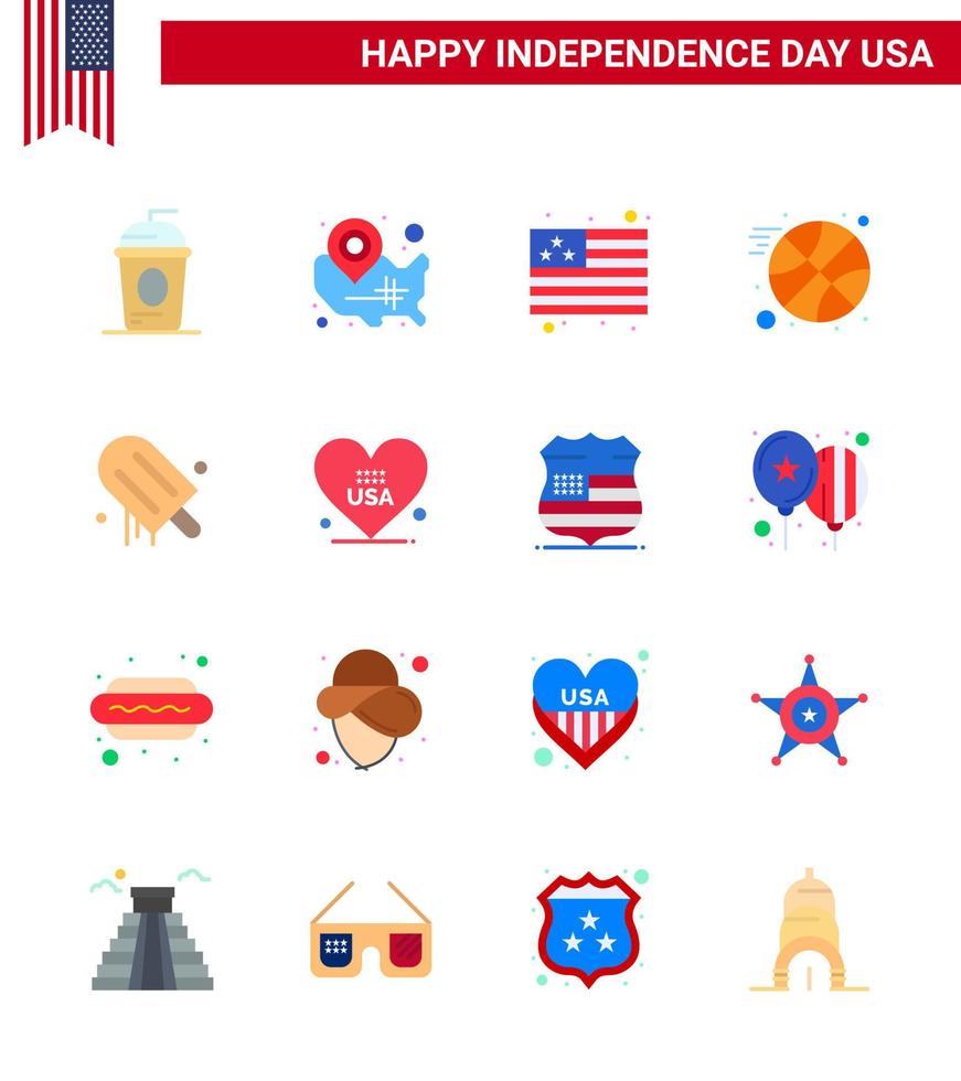 Group of 16 Flats Set for Independence day of United States of America such as cream sports wisconsin ball usa Editable USA Day Vector Design Elements