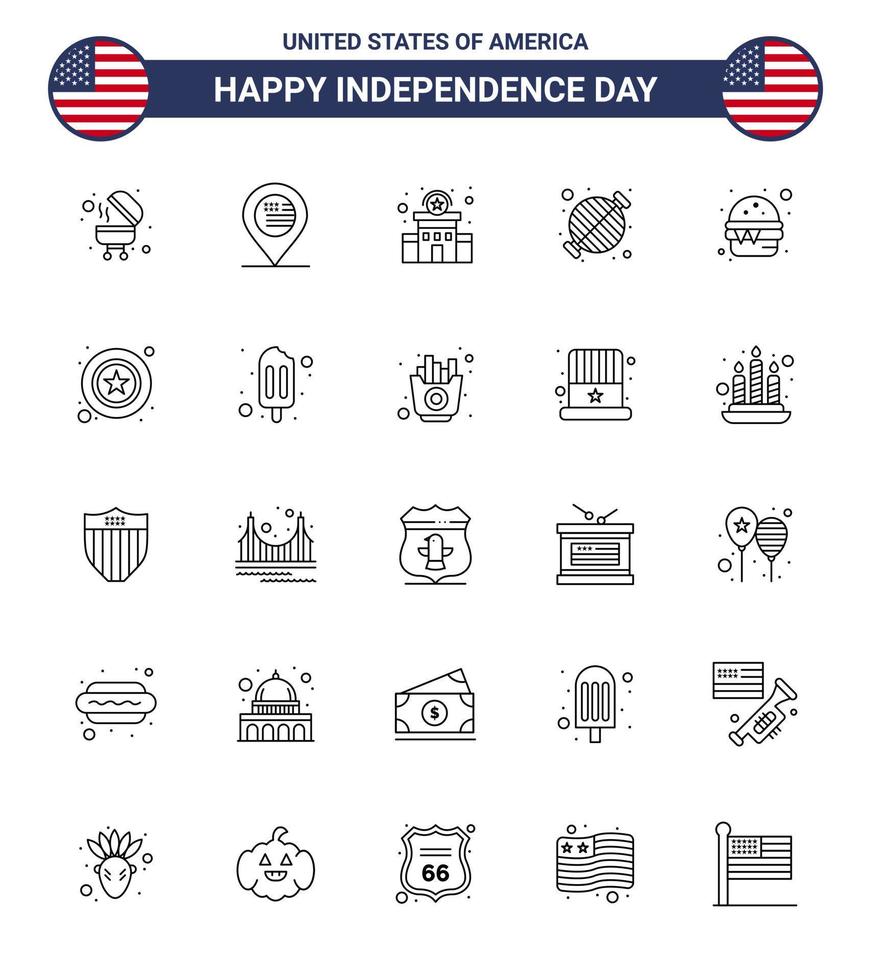 USA Independence Day Line Set of 25 USA Pictograms of fast party police grill barbecue Editable USA Day Vector Design Elements