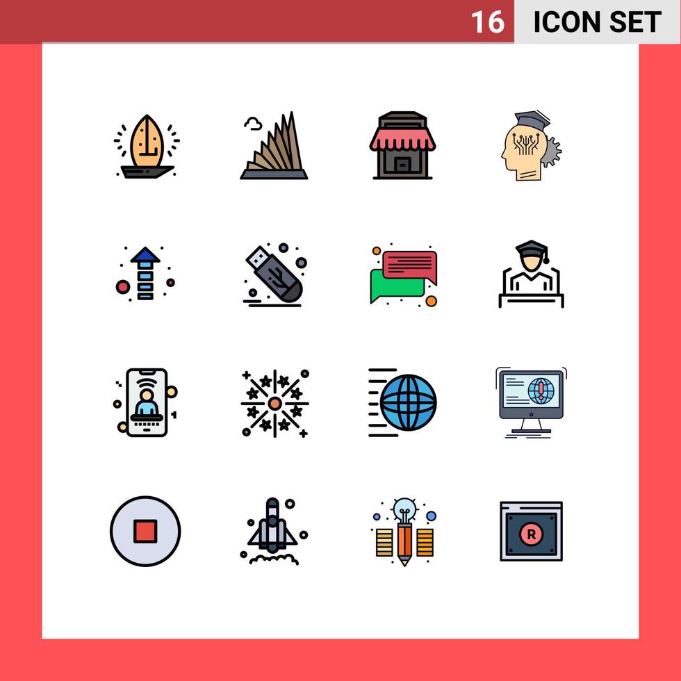 Modern Set of 16 Flat Color Filled Lines and symbols such as technology sharing landmark management shop Editable Creative Vector Design Elements