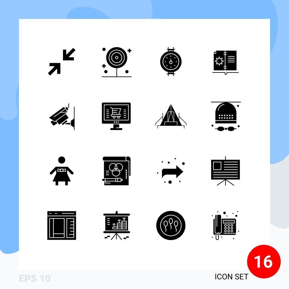 Set of 16 Vector Solid Glyphs on Grid for surveillance cctv meter camera hardware Editable Vector Design Elements