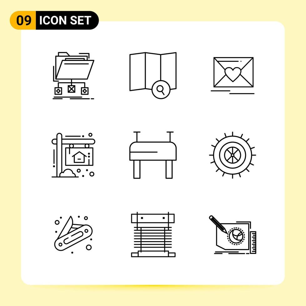 9 iconos creativos para el diseño moderno de sitios web y aplicaciones móviles receptivas 9 símbolos de contorno signos sobre fondo blanco paquete de 9 iconos vector