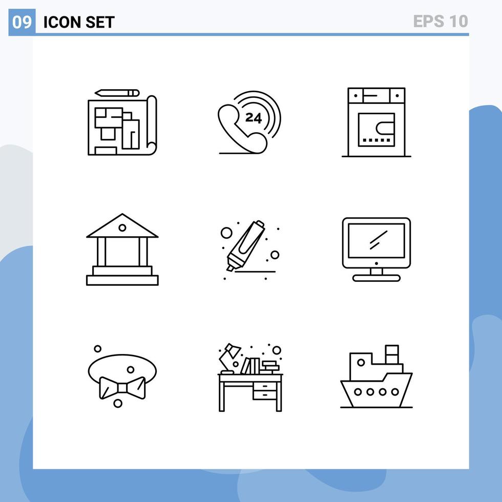 Group of 9 Modern Outlines Set for monitor marker bath highlighter finance Editable Vector Design Elements
