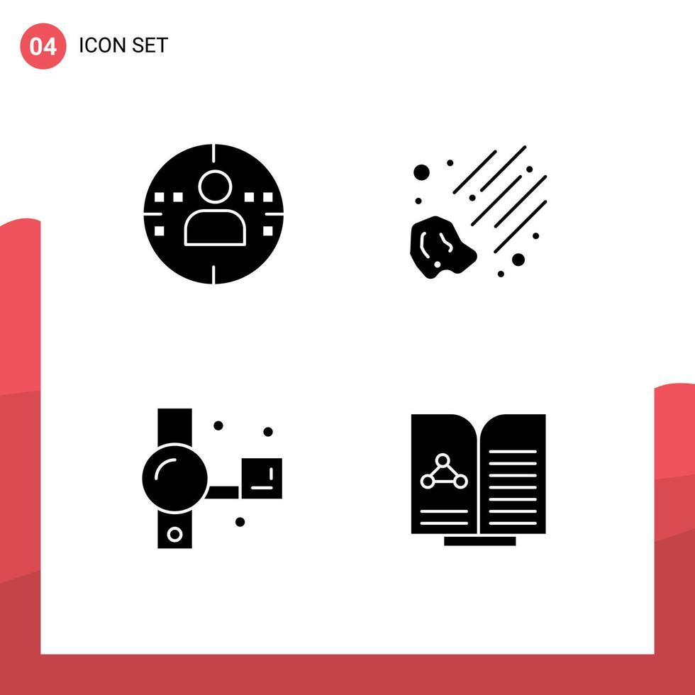 Universal Icon Symbols Group of 4 Modern Solid Glyphs of man recording meteor camcorder medical Editable Vector Design Elements