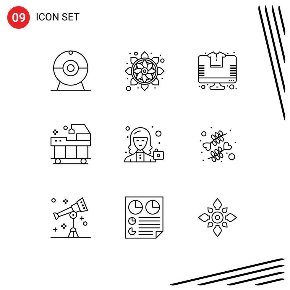 Group of 9 Outlines Signs and Symbols for female avatar shopping treatment hospital Editable Vector Design Elements