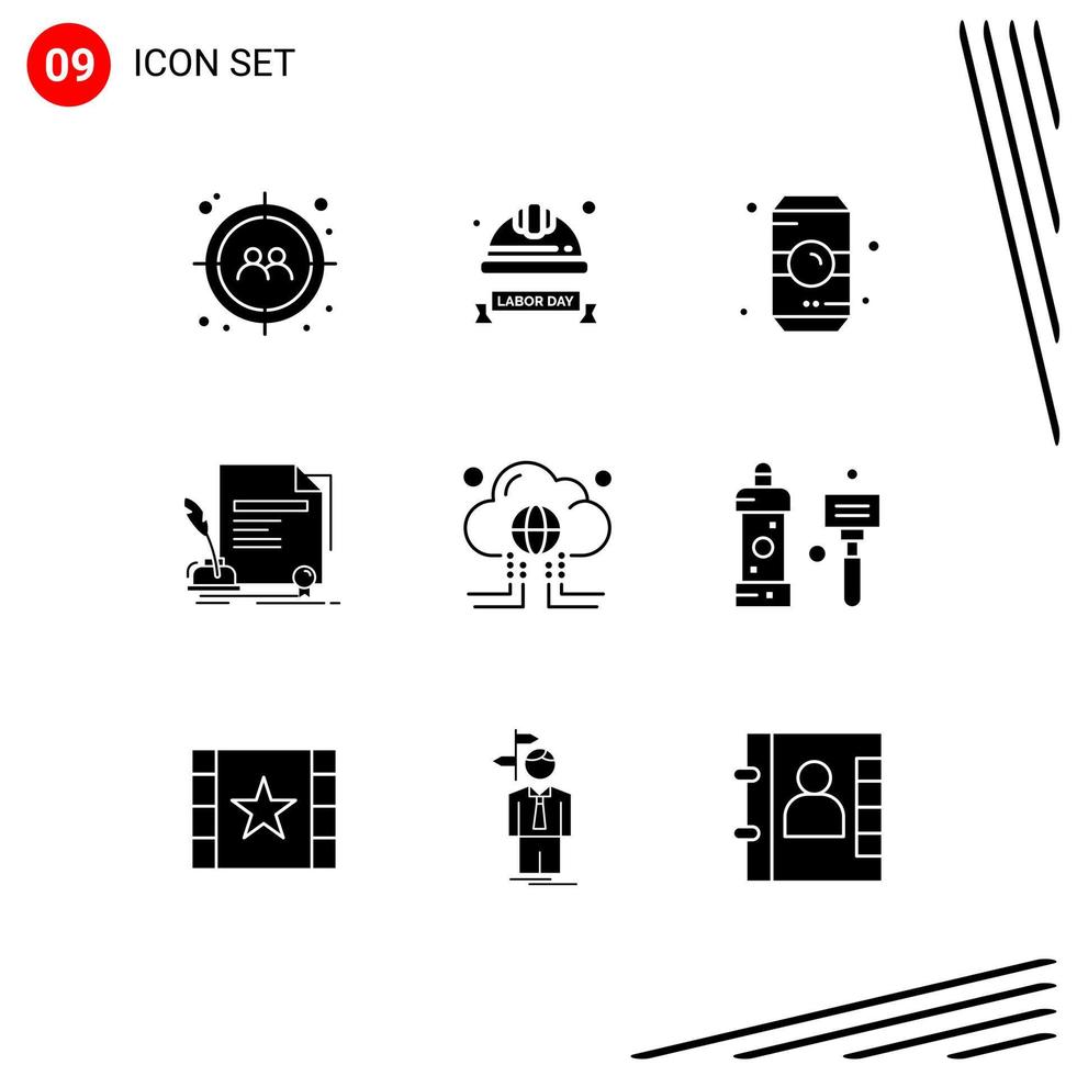 Modern Set of 9 Solid Glyphs Pictograph of agreement paper industrial helmet contract drink Editable Vector Design Elements