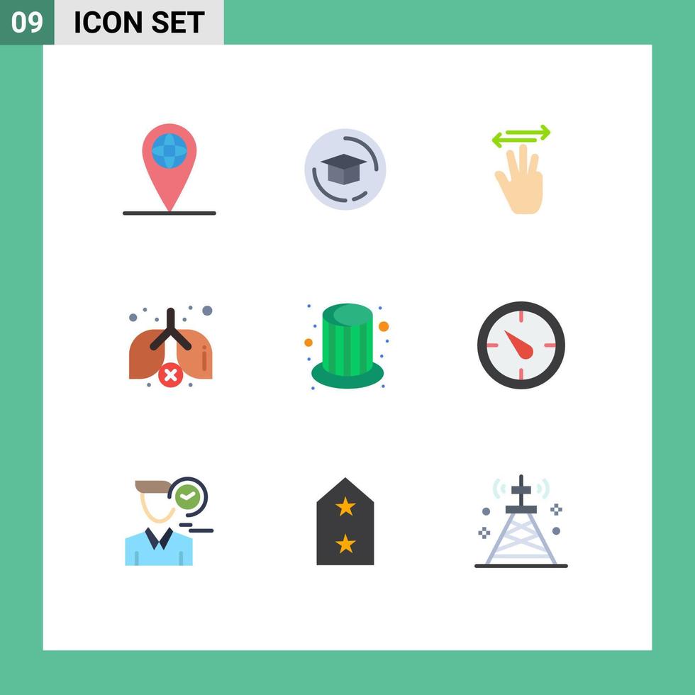 Pack of 9 Modern Flat Colors Signs and Symbols for Web Print Media such as cap hat up magic pollution Editable Vector Design Elements