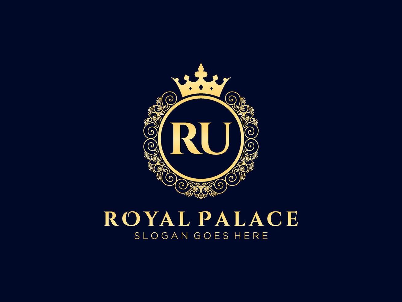 letra ru antiguo logotipo victoriano real de lujo con marco ornamental. vector