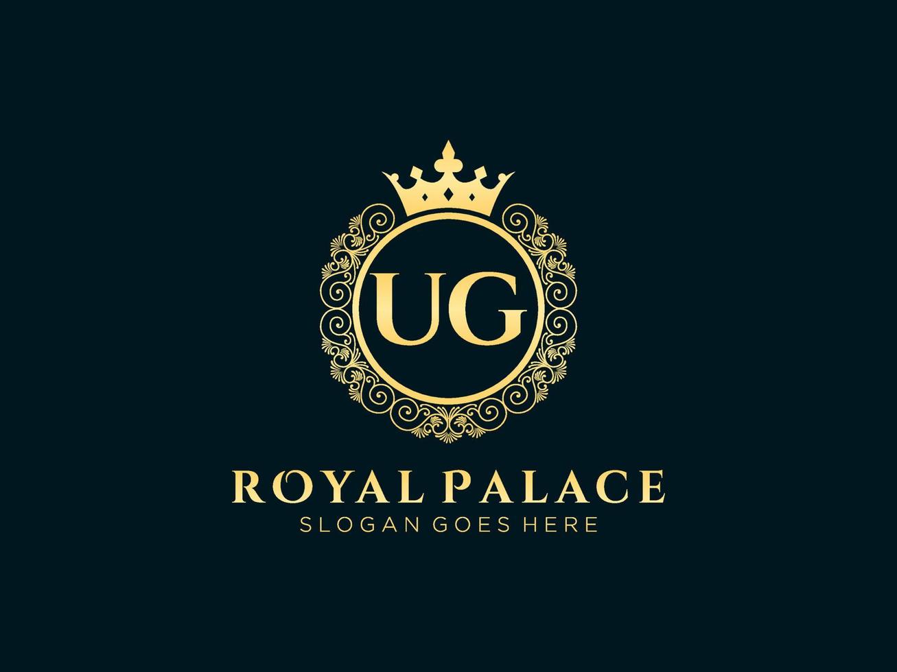 Letter UG Antique royal luxury victorian logo with ornamental frame. vector