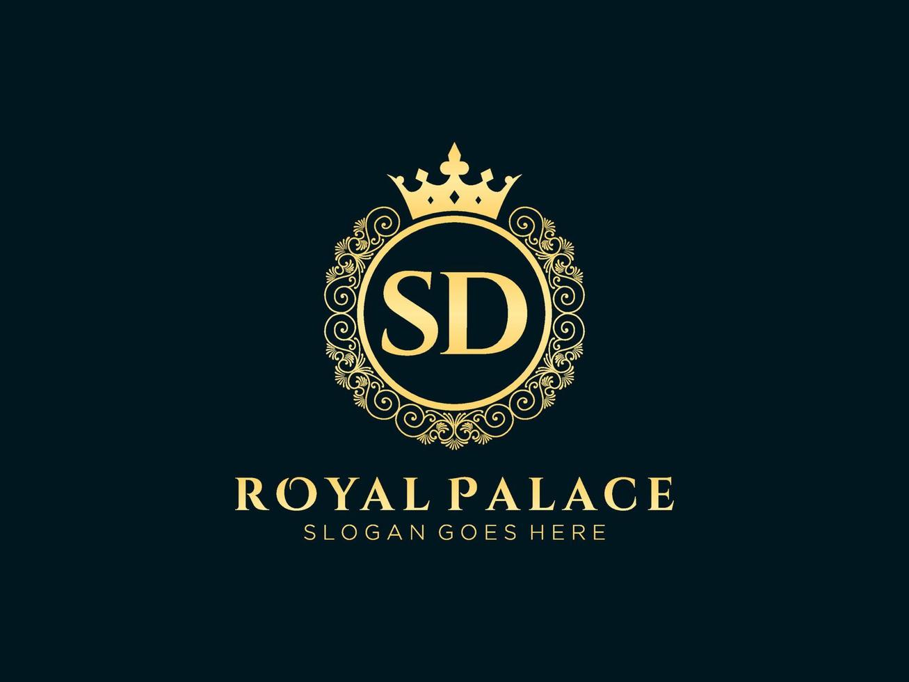 Letter SD Antique royal luxury victorian logo with ornamental frame. vector