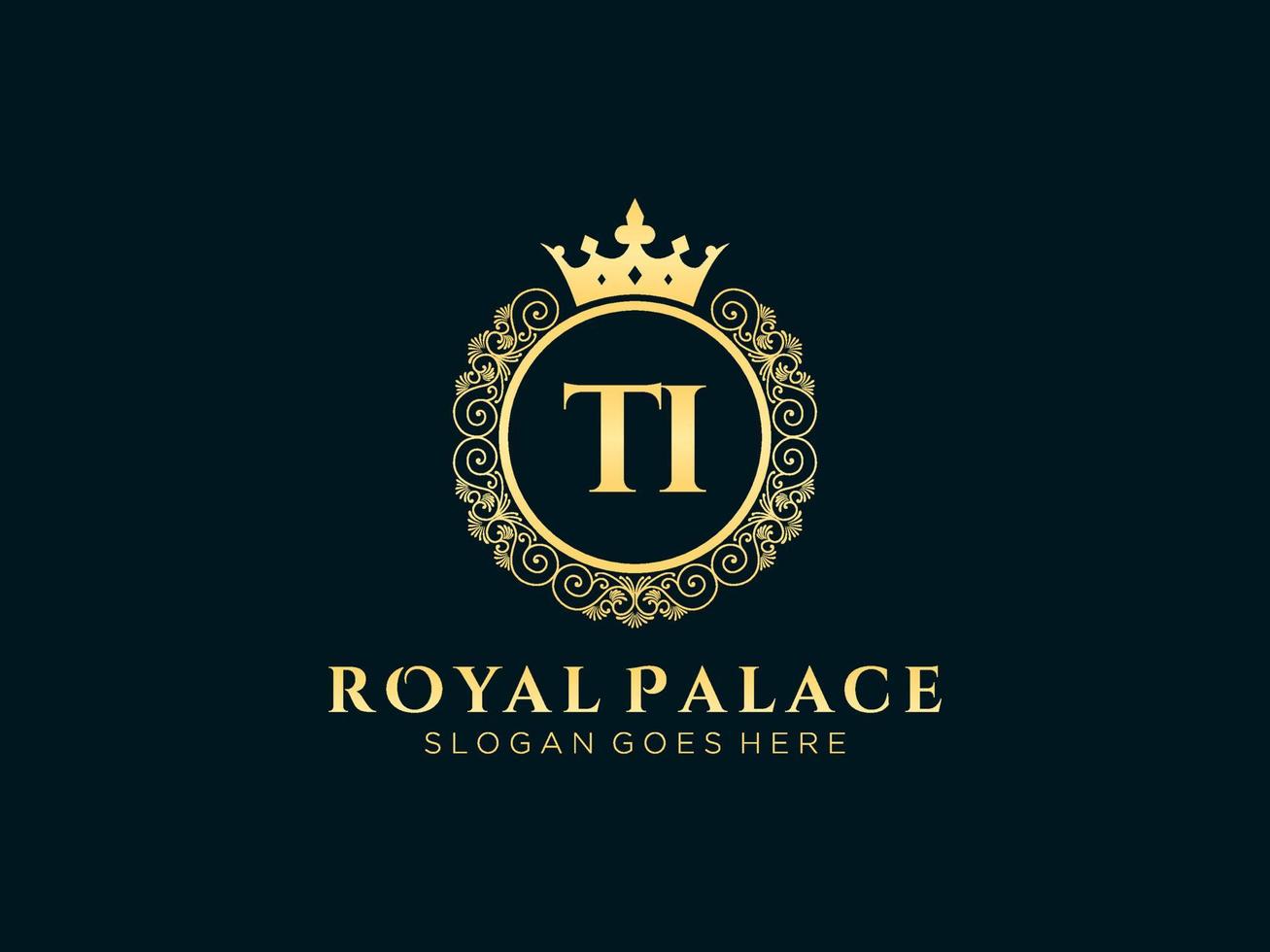 Letter TI Antique royal luxury victorian logo with ornamental frame. vector