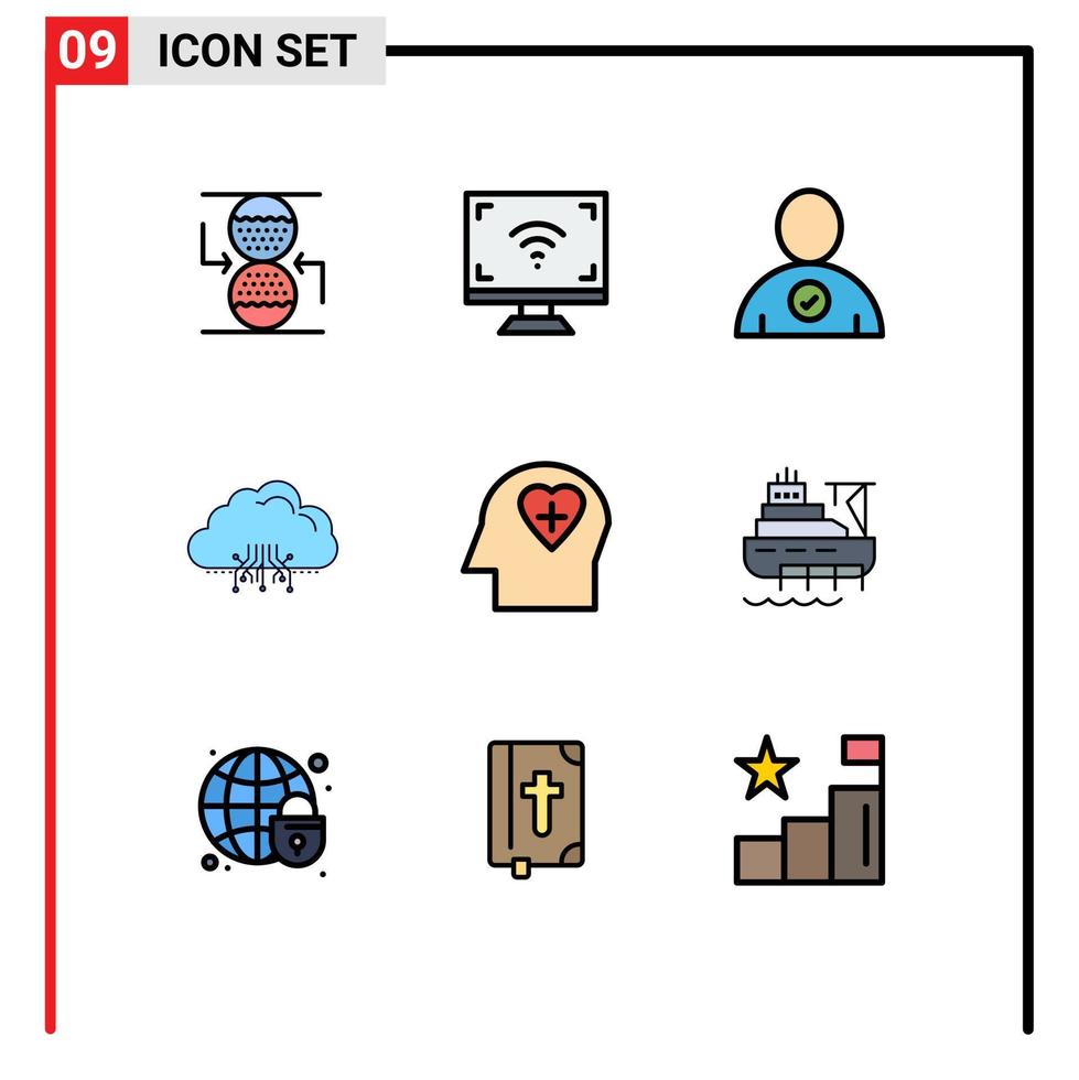 paquete de color plano de línea de relleno de 9 símbolos universales de emoción que alojan elementos de diseño de vector editables de nube de datos de televisión