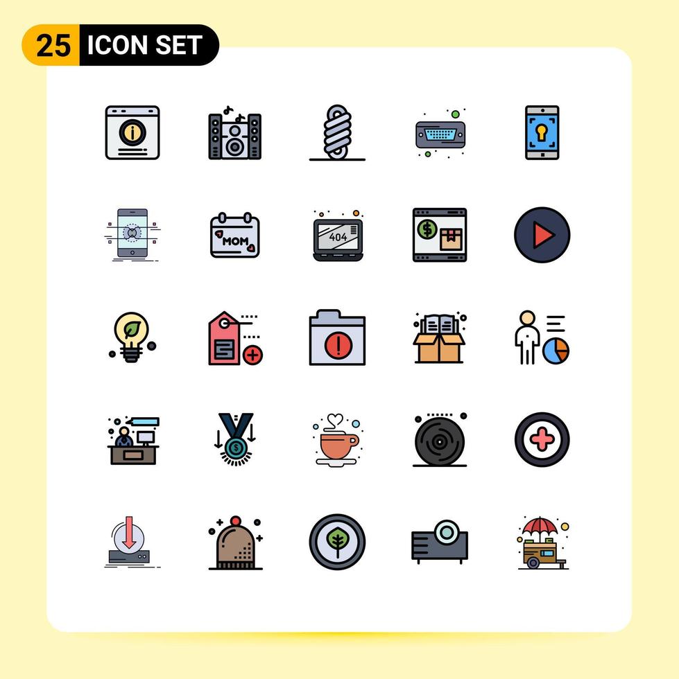 conjunto de pictogramas de 25 colores planos de línea rellena simple de aplicación móvil elementos de diseño de vector editables duros dobles
