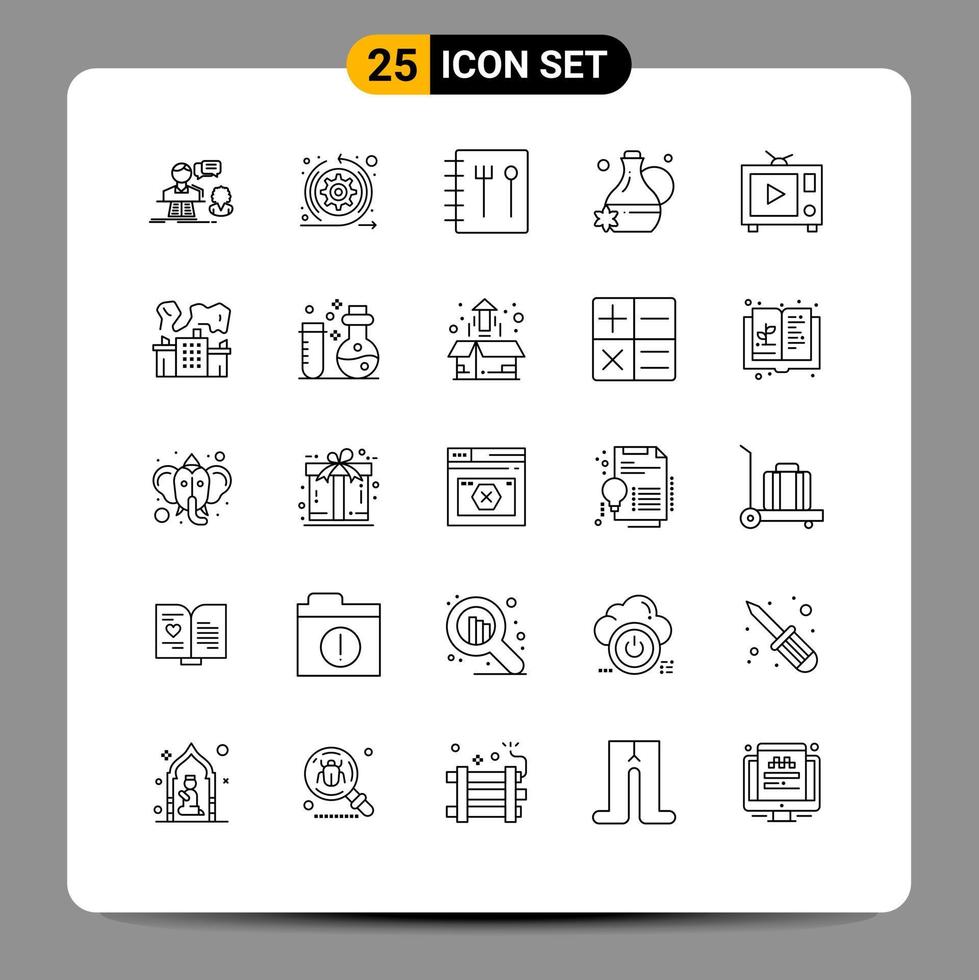 paquete de 25 signos y símbolos de líneas modernas para medios de impresión web, como elementos de diseño vectorial editables de jarra de televisión de película de fábrica vector