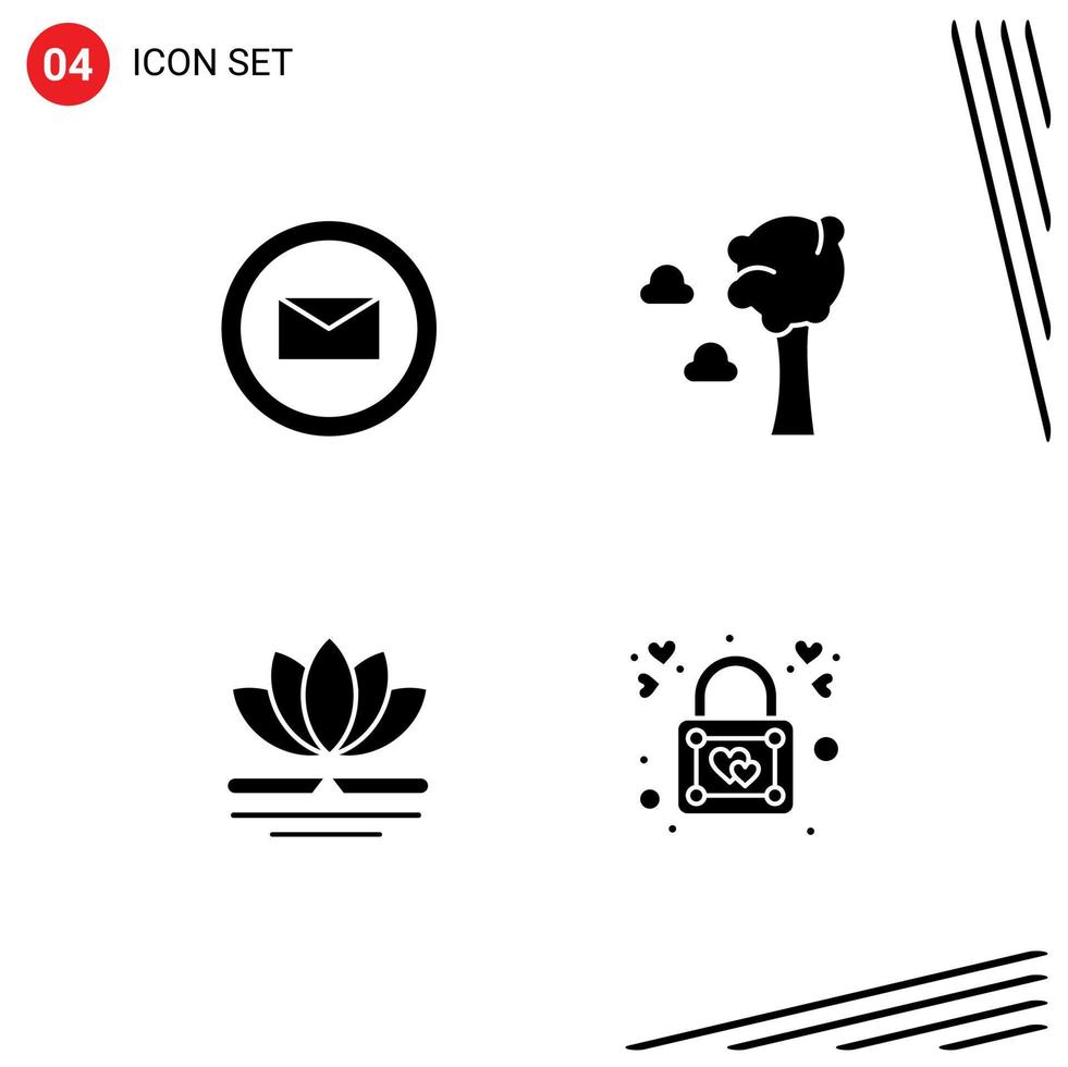 Set of 4 Commercial Solid Glyphs pack for email chinese arbor flower lock Editable Vector Design Elements