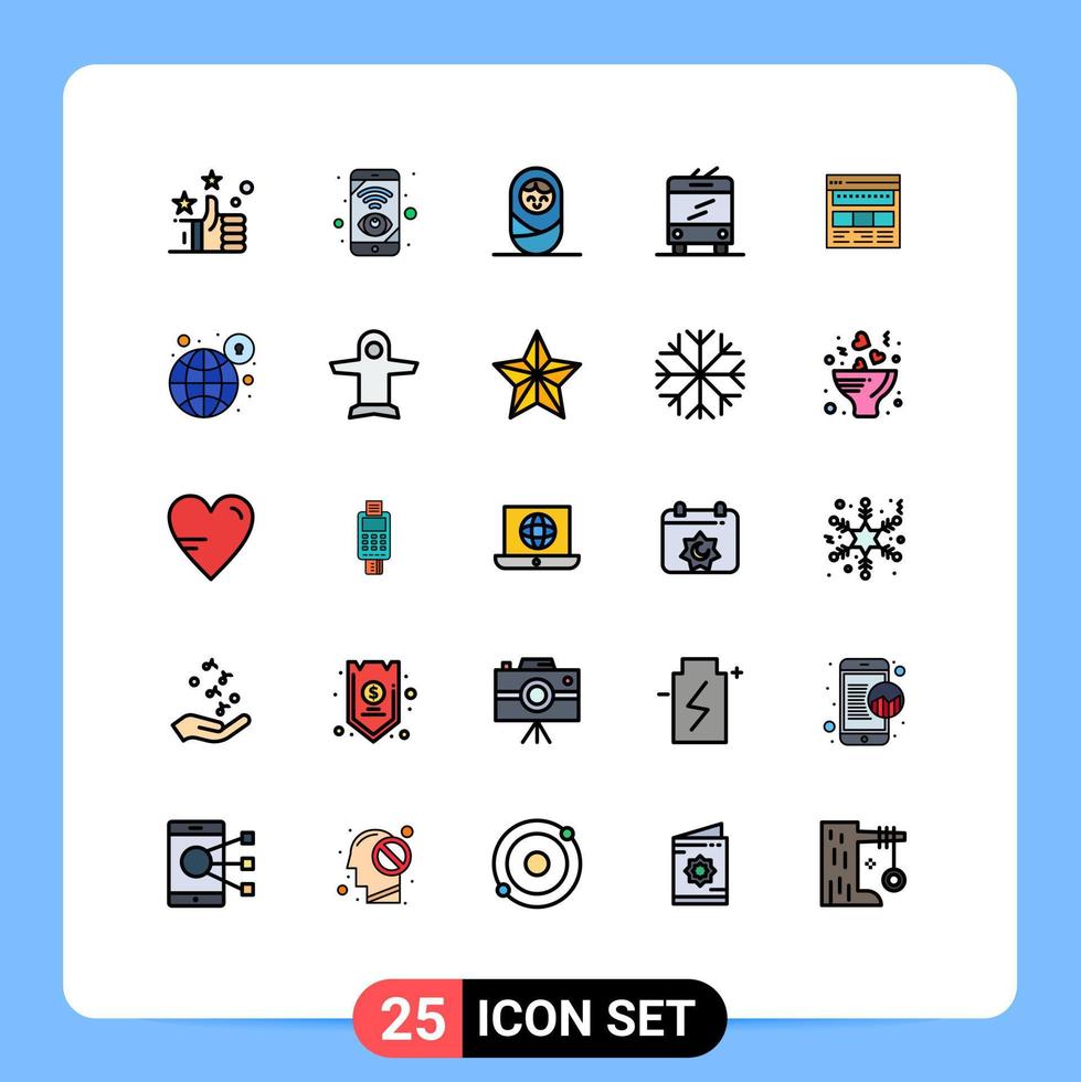 paquete de 25 modernos signos y símbolos de colores planos de línea rellena para medios de impresión web, como elementos de diseño de vectores editables de trolebús de navegador de página de negocios para bebés