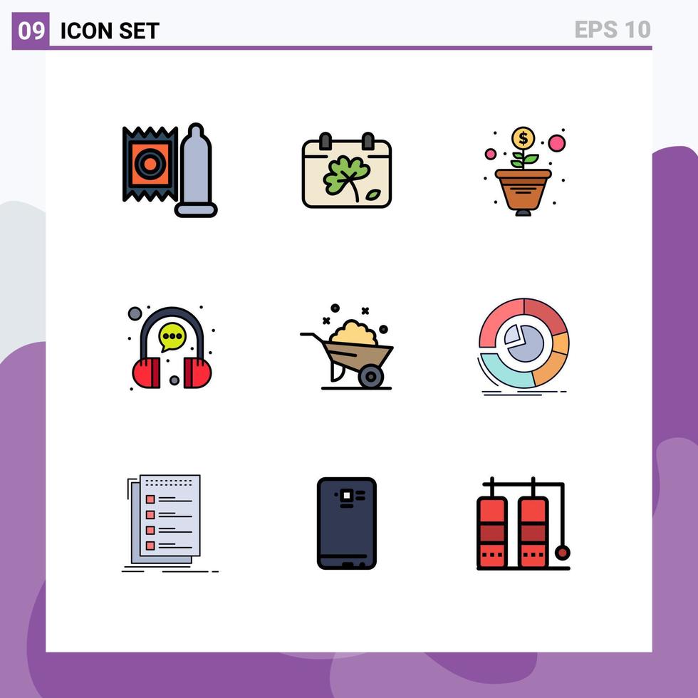 User Interface Pack of 9 Basic Filledline Flat Colors of construction representative growth headphone chat Editable Vector Design Elements