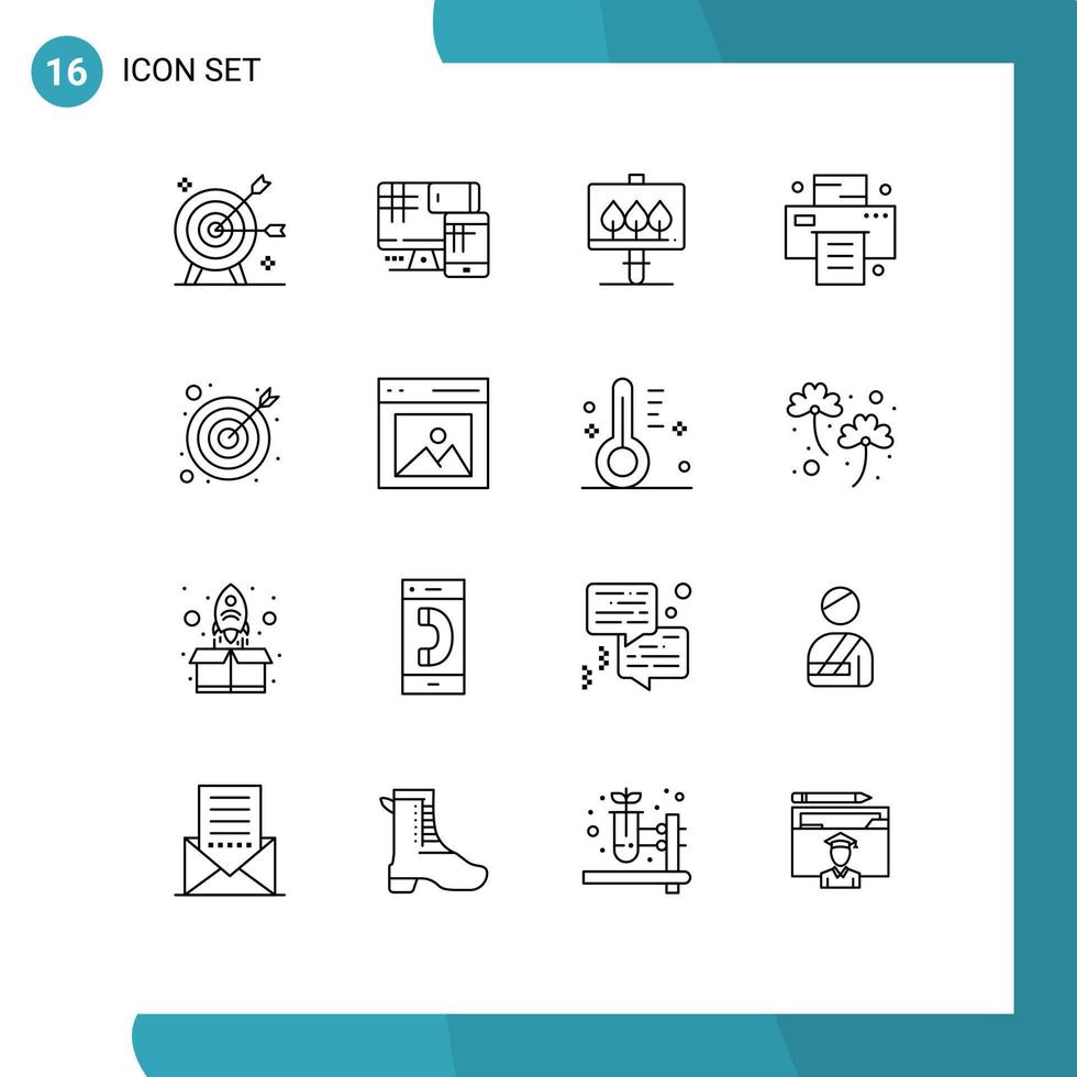 Group of 16 Outlines Signs and Symbols for target arrow education printer office Editable Vector Design Elements