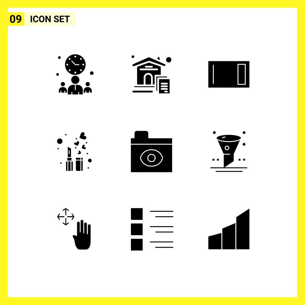 Mobile Interface Solid Glyph Set of 9 Pictograms of big brother fashion appliances cosmetic home ware Editable Vector Design Elements