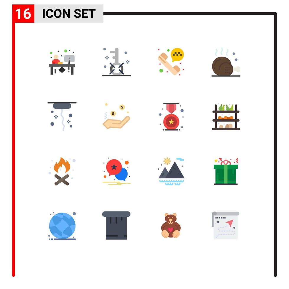 Modern Set of 16 Flat Colors Pictograph of meal drinks optimization cooking taxi phone Editable Pack of Creative Vector Design Elements