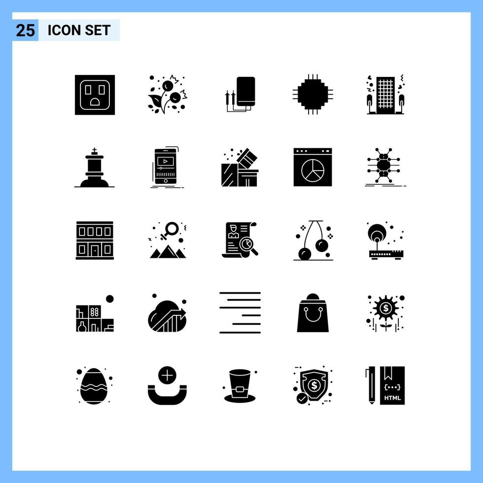 Pack of 25 Modern Solid Glyphs Signs and Symbols for Web Print Media such as hotel equipment watt electronic devices Editable Vector Design Elements