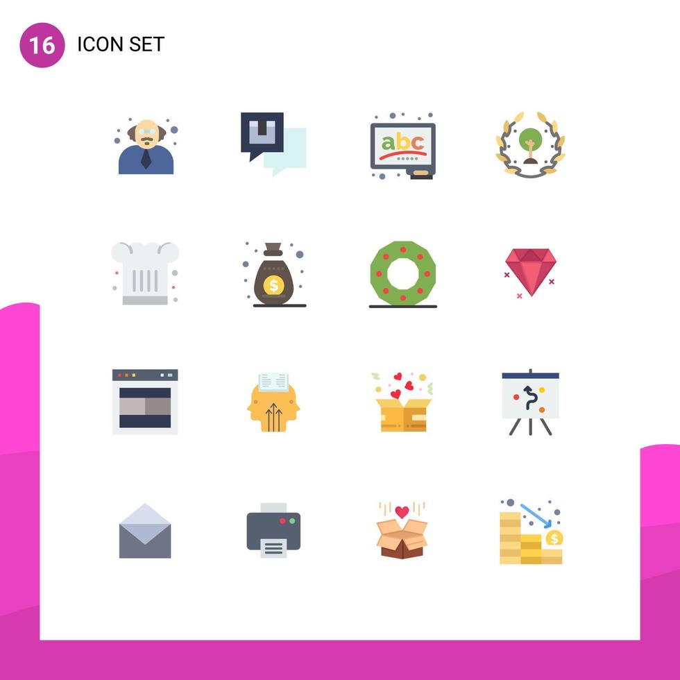 16 User Interface Flat Color Pack of modern Signs and Symbols of chef leaf abc green earth Editable Pack of Creative Vector Design Elements
